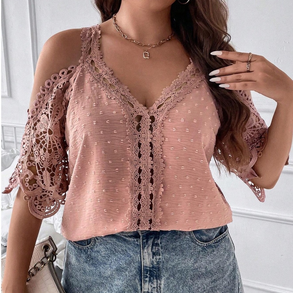 Boho Swiss Dot Lace Cold Shoulder Blouse - Picture 3 of 5